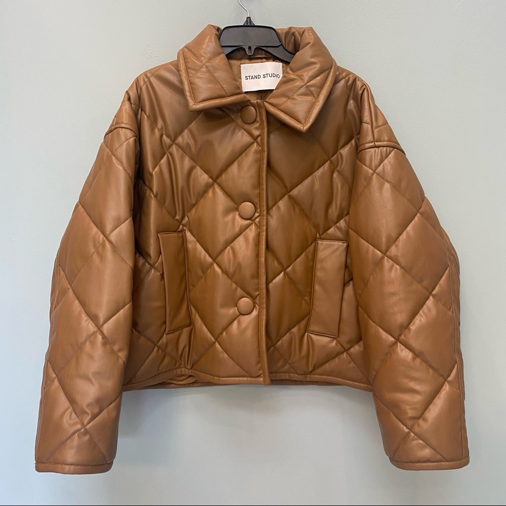 STAND STUDIO Jacinda Quilted Faux-leather Puffy Jacket  Brown NWOT EU 42 US 10 - Picture 4 of 8